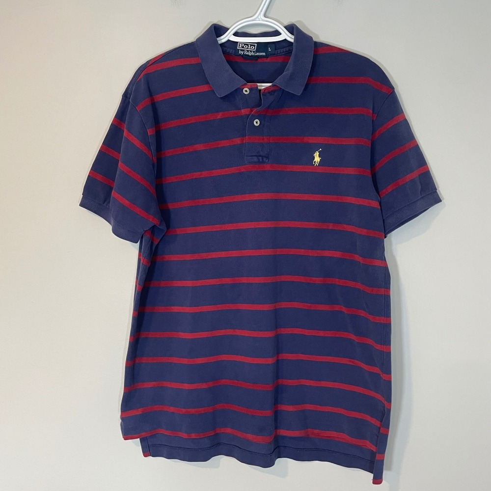Polo Ralph Lauren Mens L Navy Blue Red Striped Short Sleeve Polo Shirt Gold Pony